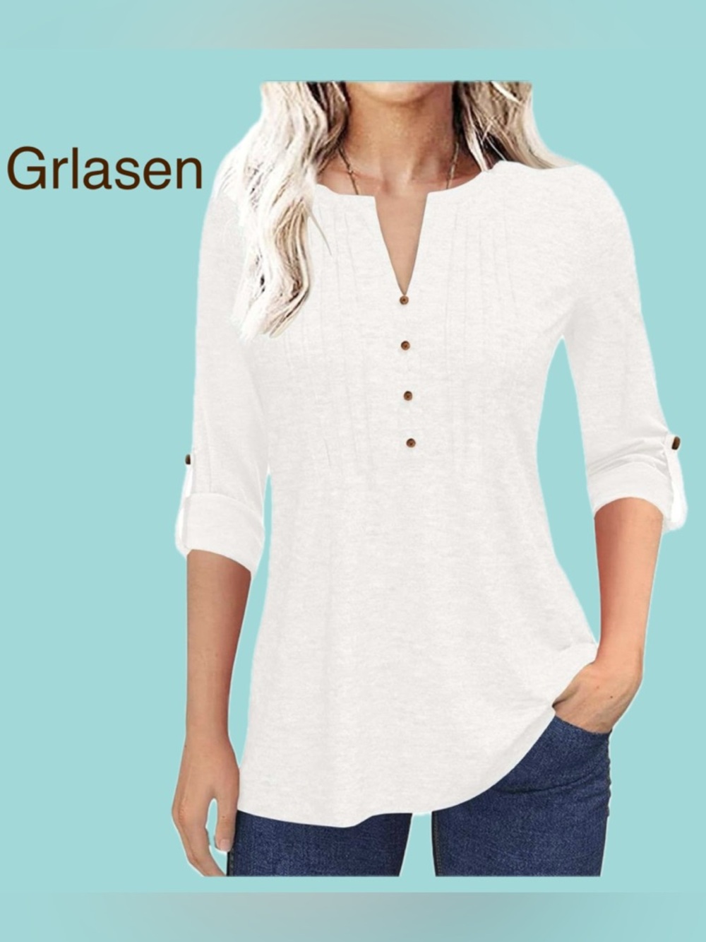 Women's Summer Pleated Button Short Sleeve T-Shirt Summer V-Neck White Tunic Top